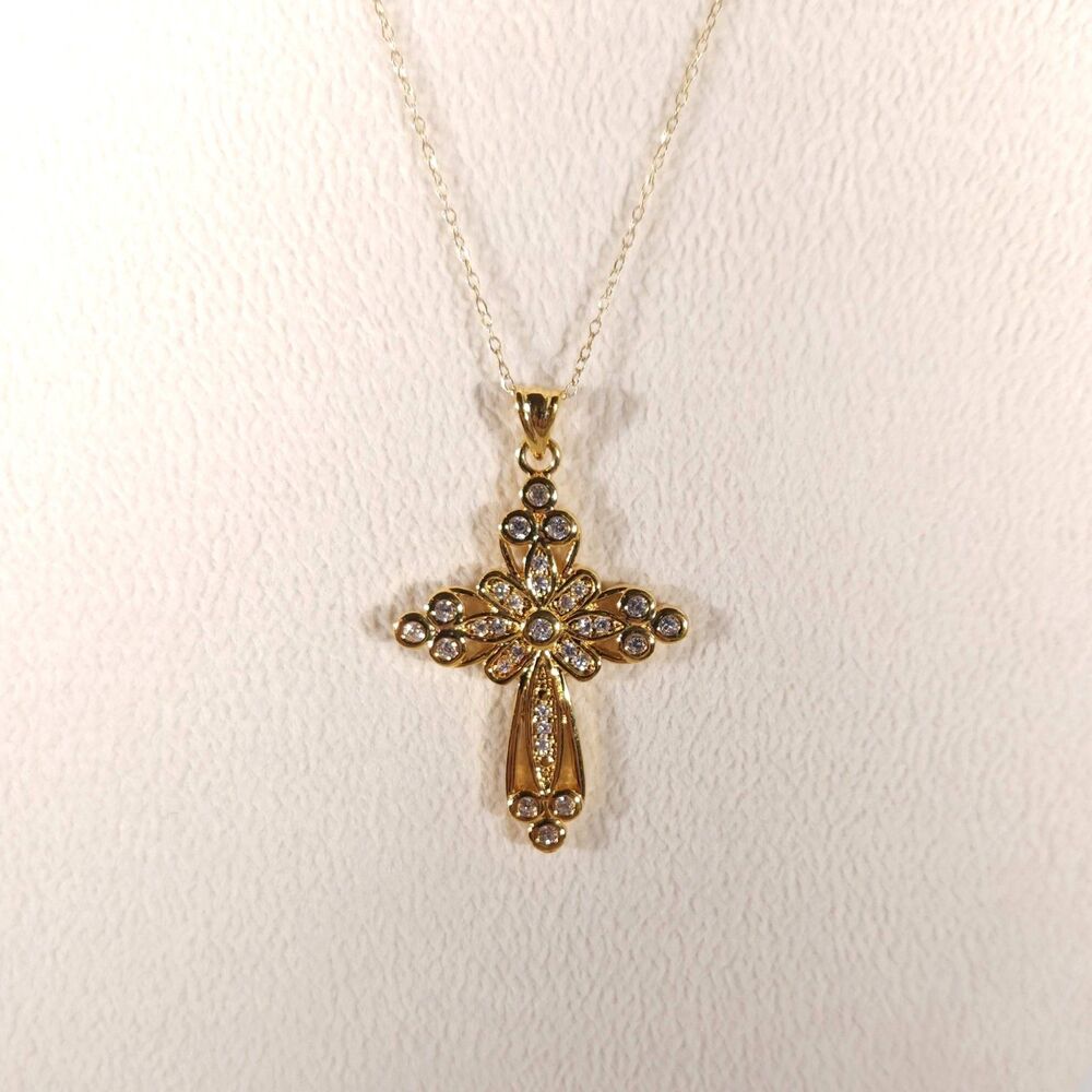 Simulated Diamonds Gold Plated Cross Pendant and Italian Chain Necklace